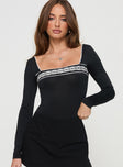 front view of model wearing Princess Polly Keating Long Sleeve Bodysuit Black Full Sleeves 