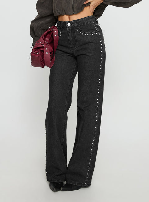 back view of model wearing Princess Polly Saving Up Stud Detail Jeans Jet Black High Rise Jeans 