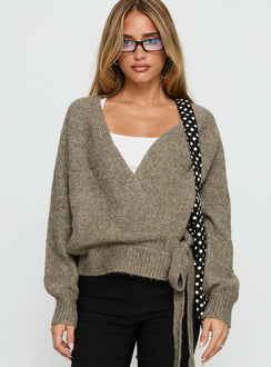 front view of model wearing Princess Polly Daelan Wrap Knit Cardigan Brown Cropped Jumpers 