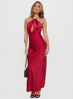 front view of model wearing Princess Polly Saja Cut Out Maxi Dress Red V-Neck 