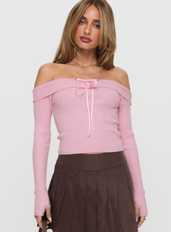 front view of model wearing Princess Polly Nighttime Off Shoulder Knit Top Pink Full Sleeves straight 