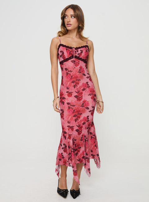 front view of model wearing Princess Polly Eirini Maxi Dress Pink Floral V-Neck 