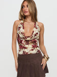 front view of model wearing Princess Polly Capulet Halter Cowl Top Floral Sleeveless Cowl 