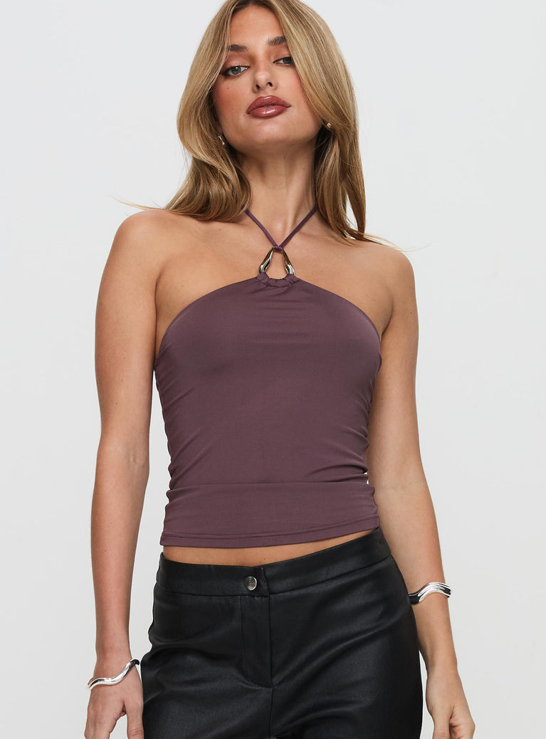 front view of model wearing Princess Polly Final Tango Halter Top Plum Sleeveless V-Neck 