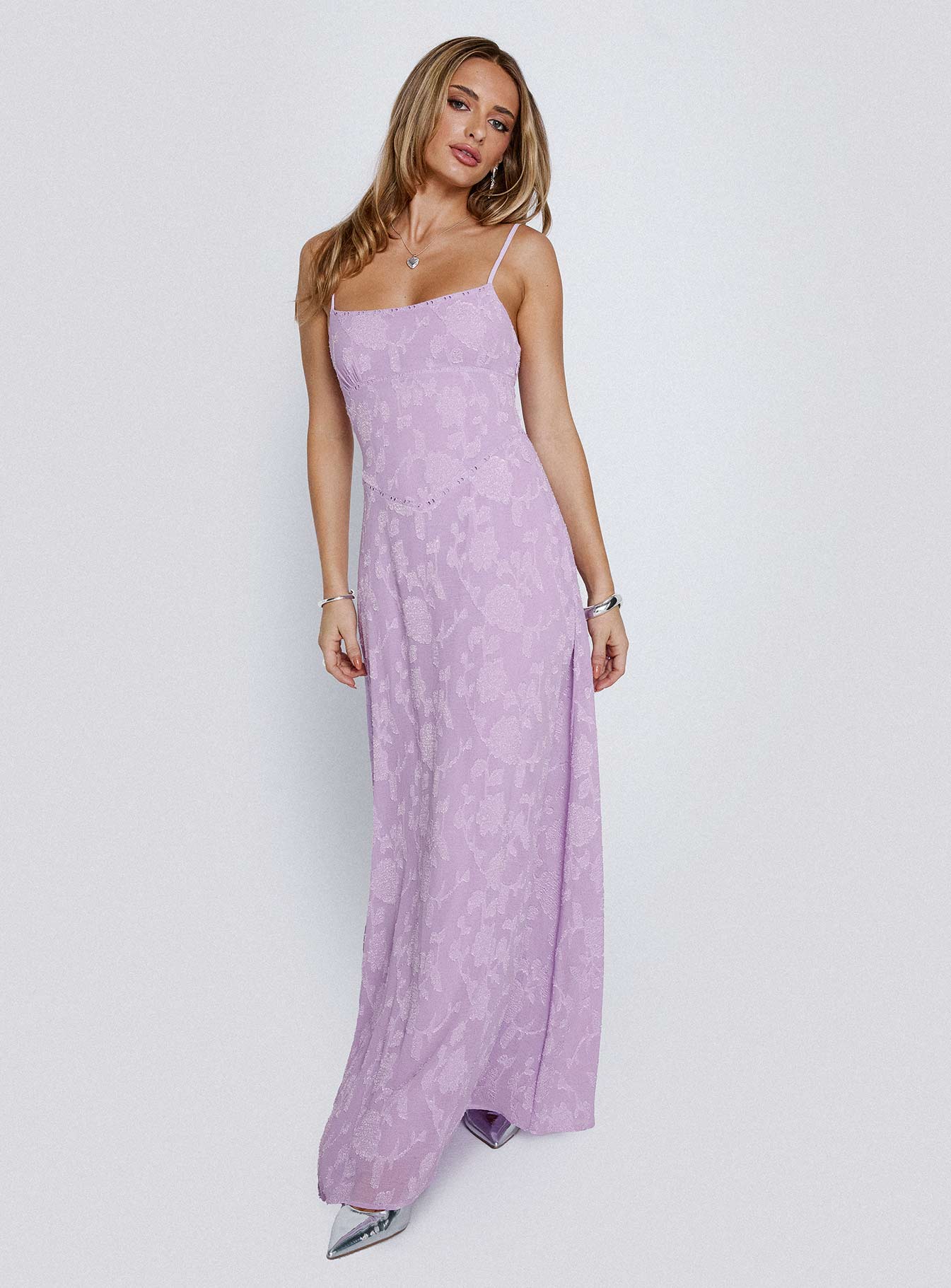 front view of model wearing Princess Polly South Of France Maxi Dress Lilac Square Neck 