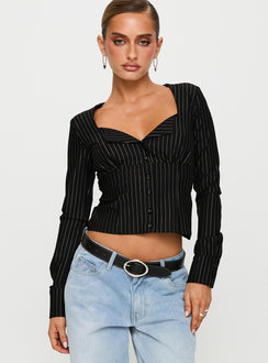 front view of model wearing Princess Polly Set For Life Foldover Detail Long Sleeve Top Black / White Pinstripe Full Sleeves V-Neck 