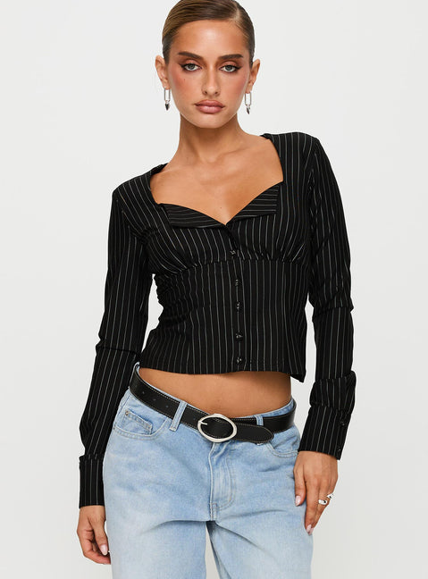 front view of model wearing Princess Polly Set For Life Foldover Detail Long Sleeve Top Black / White Pinstripe Full Sleeves V-Neck 