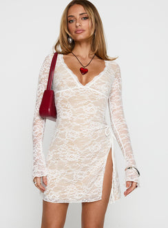 front view of model wearing Princess Polly Airabella Lace Mini Dress White Plunger 