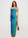 side view of model wearing Princess Polly Rosalina Maxi Dress Blue Sweetheart Neckline 