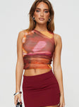 Tank top Mesh material, tie-dye print, high neckline, ruching detail at sides Good stretch, fully lined 