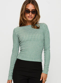 front view of model wearing Princess Polly Every Second Boat Neck Long Sleeve Top Green Check Full Sleeves Boat Neck 