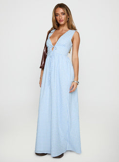 side view of model wearing Princess Polly Pokey Maxi Dress Blue Check Plunger 
