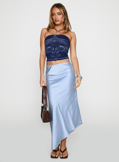   side view of model wearing Princess Polly Resistance Asymmetrical Maxi Skirt Blue Maxi 