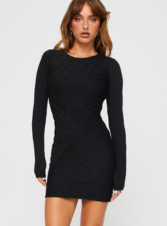 front view of model wearing Princess Polly Dakara Long Sleeve Mini Dress Black Crew Neck 