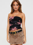 Strapless floral top Inner silicone strip at bust, ruched design, invisible zip fastening at side