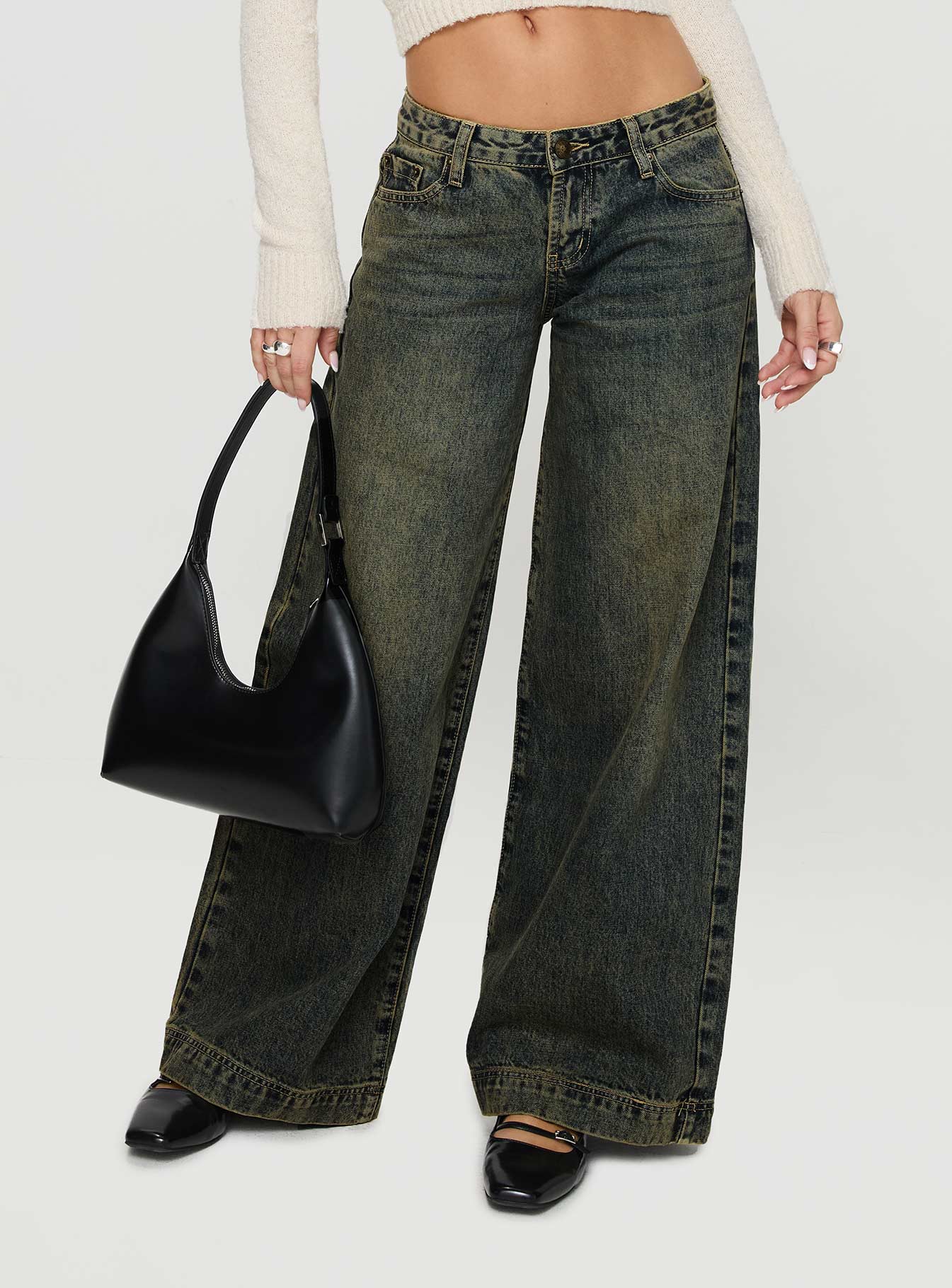 front view of model wearing Princess Polly Ribbon Stamp Wide Leg Jeans Antique Wash Mid Rise 