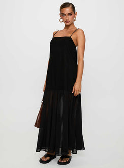 front view of model wearing Princess Polly Iskra Drop Waist Maxi Dress Black Square Neck 