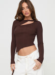 side view of model wearing Princess Polly Ellara Long Sleeve Top Brown Full Sleeves Crew Neck 