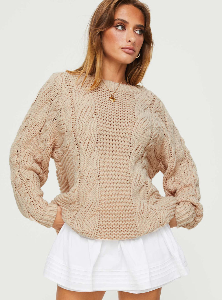 Ellison Cable Knit Sweater Beige Princess Polly  Long 