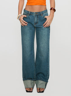 front view of model wearing Princess Polly Toros Mid Rise Wide Leg Foldover Denim Jeans Mid Blue Low Rise Jeans 
