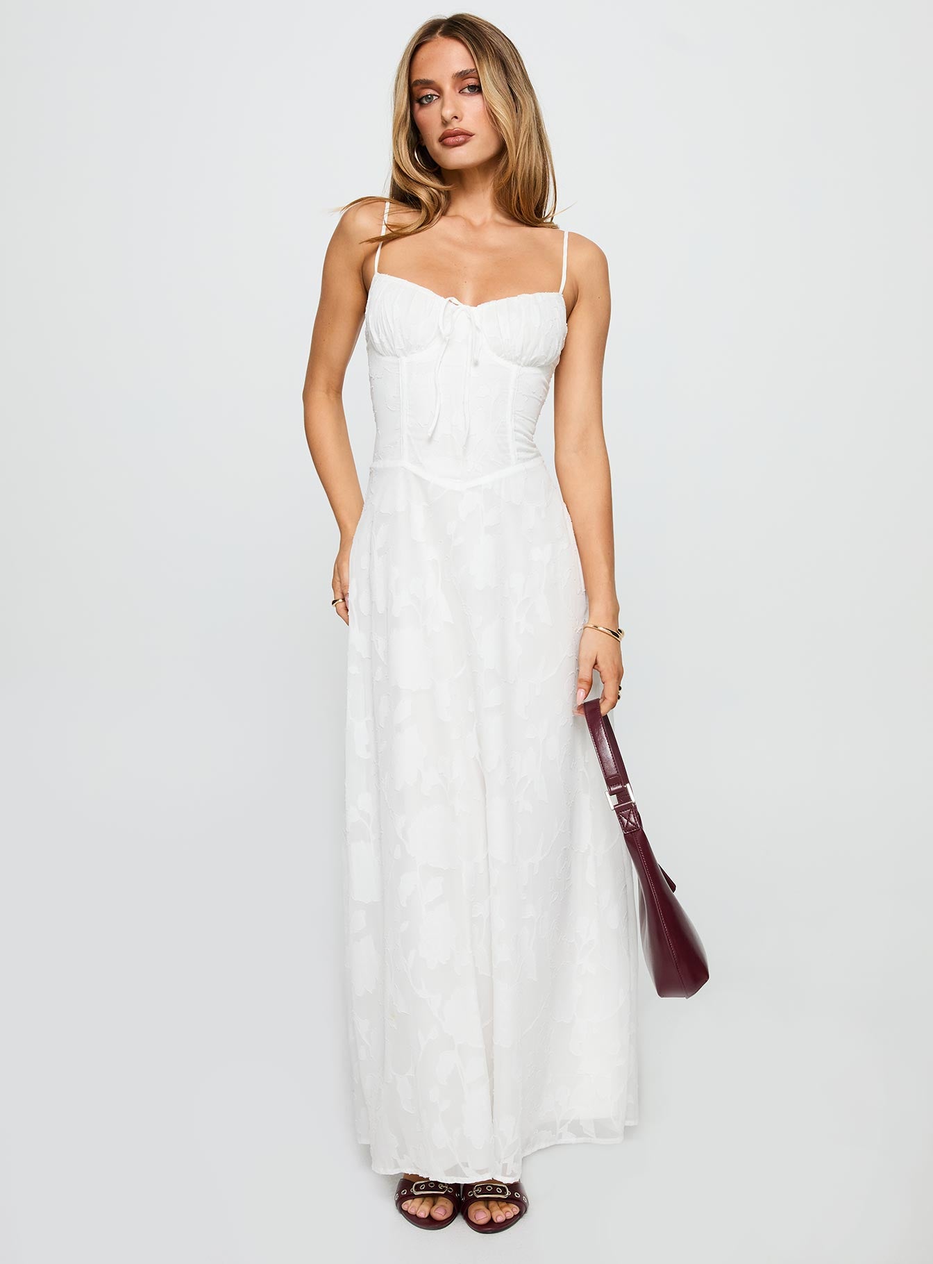 front view of model wearing Princess Polly Kosetta Burnout Maxi Dress White Sweetheart Neckline 
