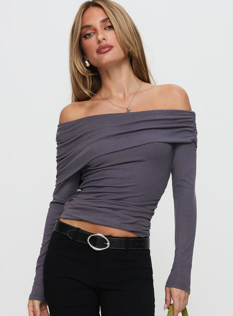 front view of model wearing Princess Polly Erving Long Sleeve Off Shoulder Top Slate Full Sleeves straight 