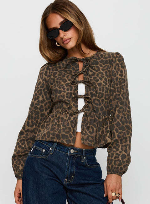 front view of model wearing Princess Polly Recognize Tie Detail Long Sleeve Top Leopard Full Sleeves Crew Neck 