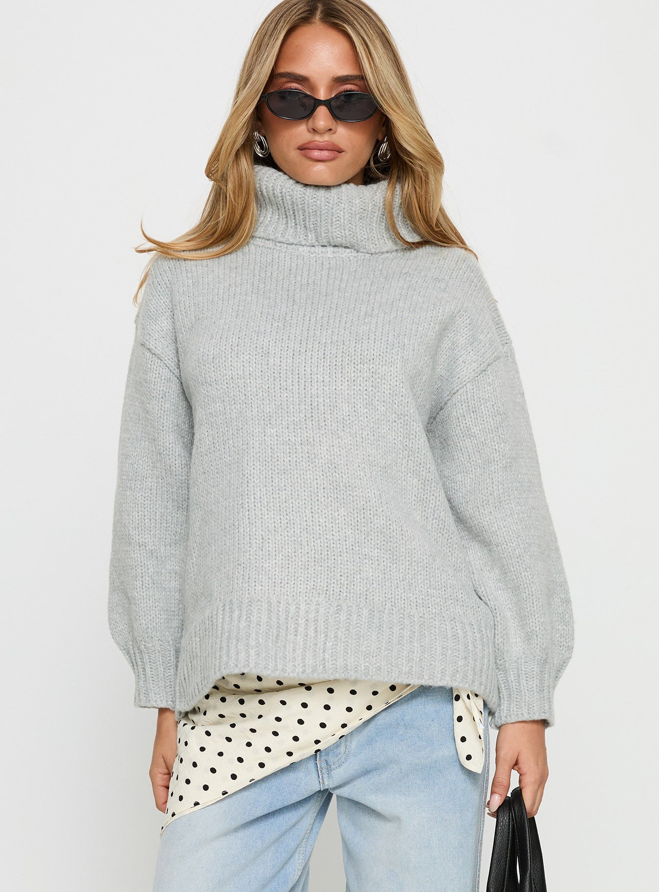 front view of model wearing Princess Polly Let Love In Knit Sweater Grey 