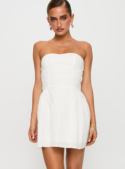 front view of model wearing Princess Polly Sybille Strapless Mini Dress White Sweetheart Neckline 