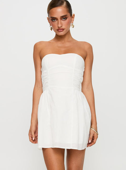 front view of model wearing Princess Polly Sybille Strapless Mini Dress White Sweetheart Neckline 