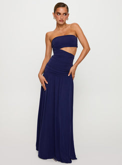 front view of model wearing Princess Polly Grandeur Strapless Maxi Dress Navy Straight Neck 