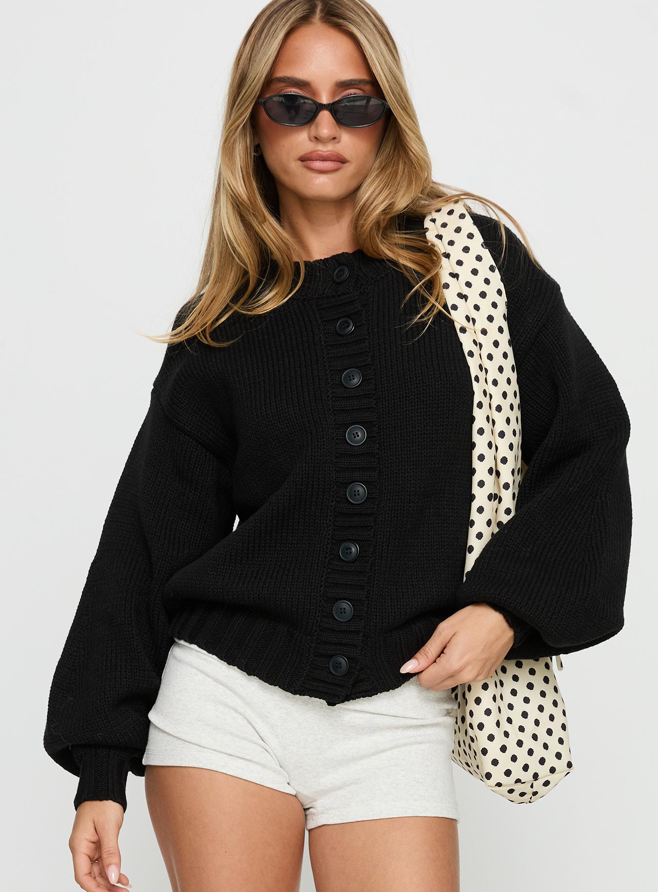front view of model wearing Princess Polly Edern Cardigan Black regular 