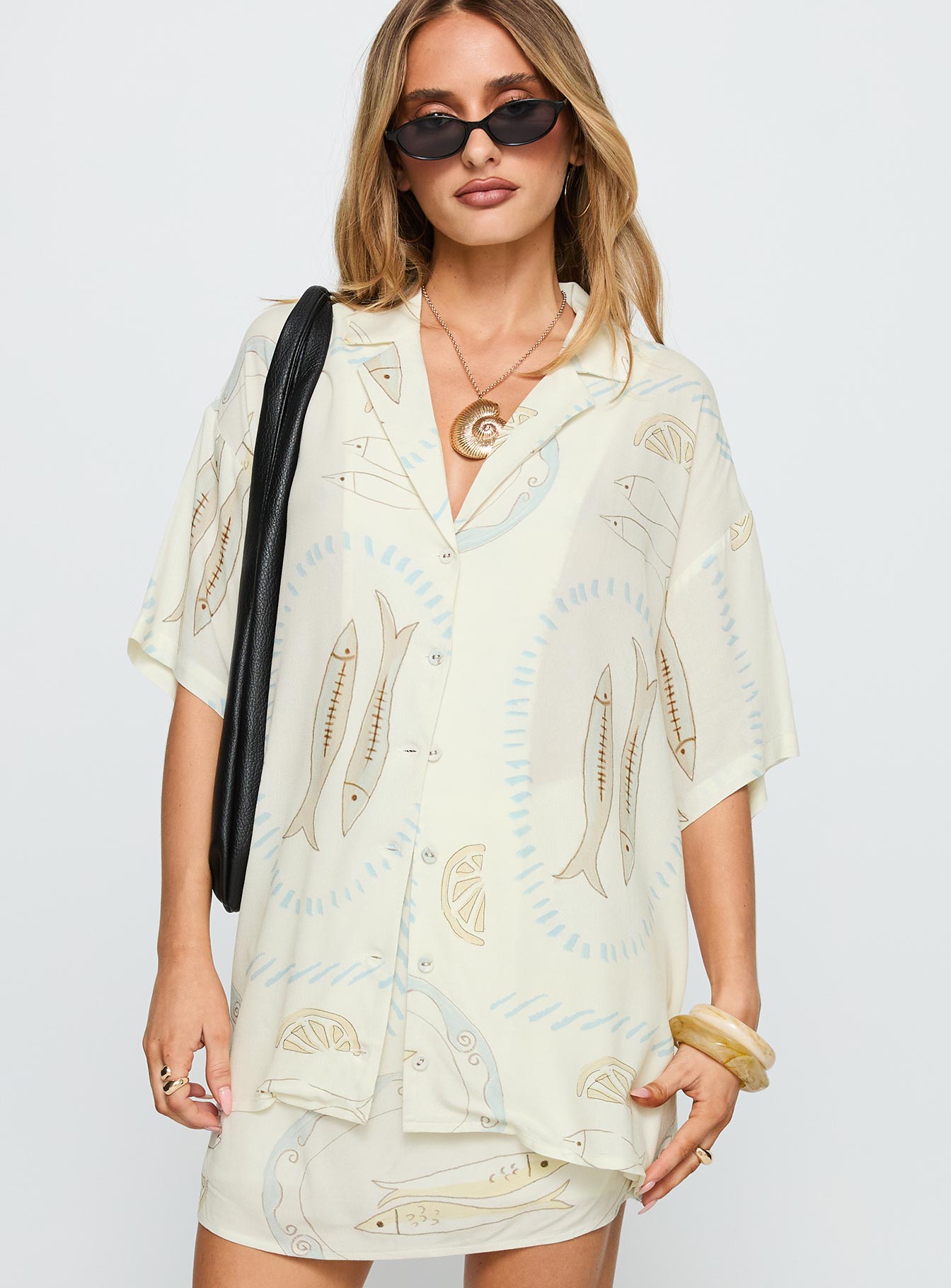 front view of model wearing Princess Polly Caraliia Shirt Cream Half Sleeves V-Neck 