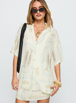 front view of model wearing Princess Polly Caraliia Shirt Cream Half Sleeves V-Neck 