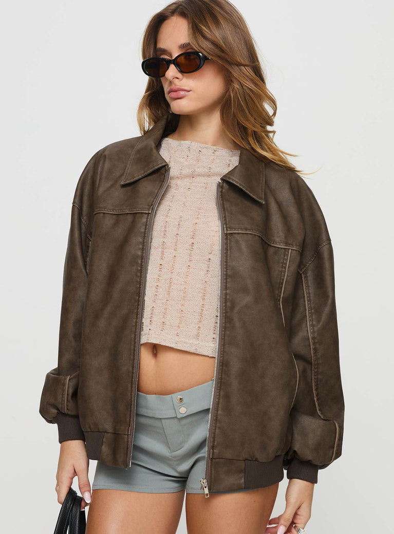 Faux leather bomber jacket  Classic collar, ribbed waistband and cuffs, zip front fastening, twin hip pockets  Non-stretch, fully lined 