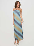 side view of model wearing Princess Polly Celik Strapless Maxi Dress Blue / Brown Straight Neck 