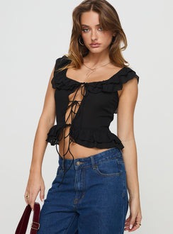 front view of model wearing Princess Polly Redwood Top Black Short Sleeves Sweetheart 