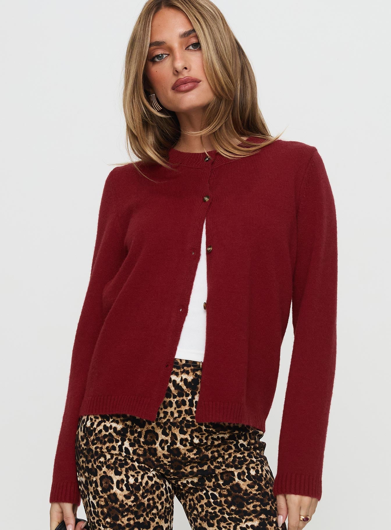 front view of model wearing Princess Polly Arica Button Up Knit Cardigan Red Long 