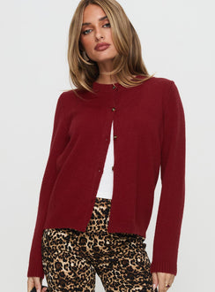 front view of model wearing Princess Polly Arica Button Up Knit Cardigan Red Long 