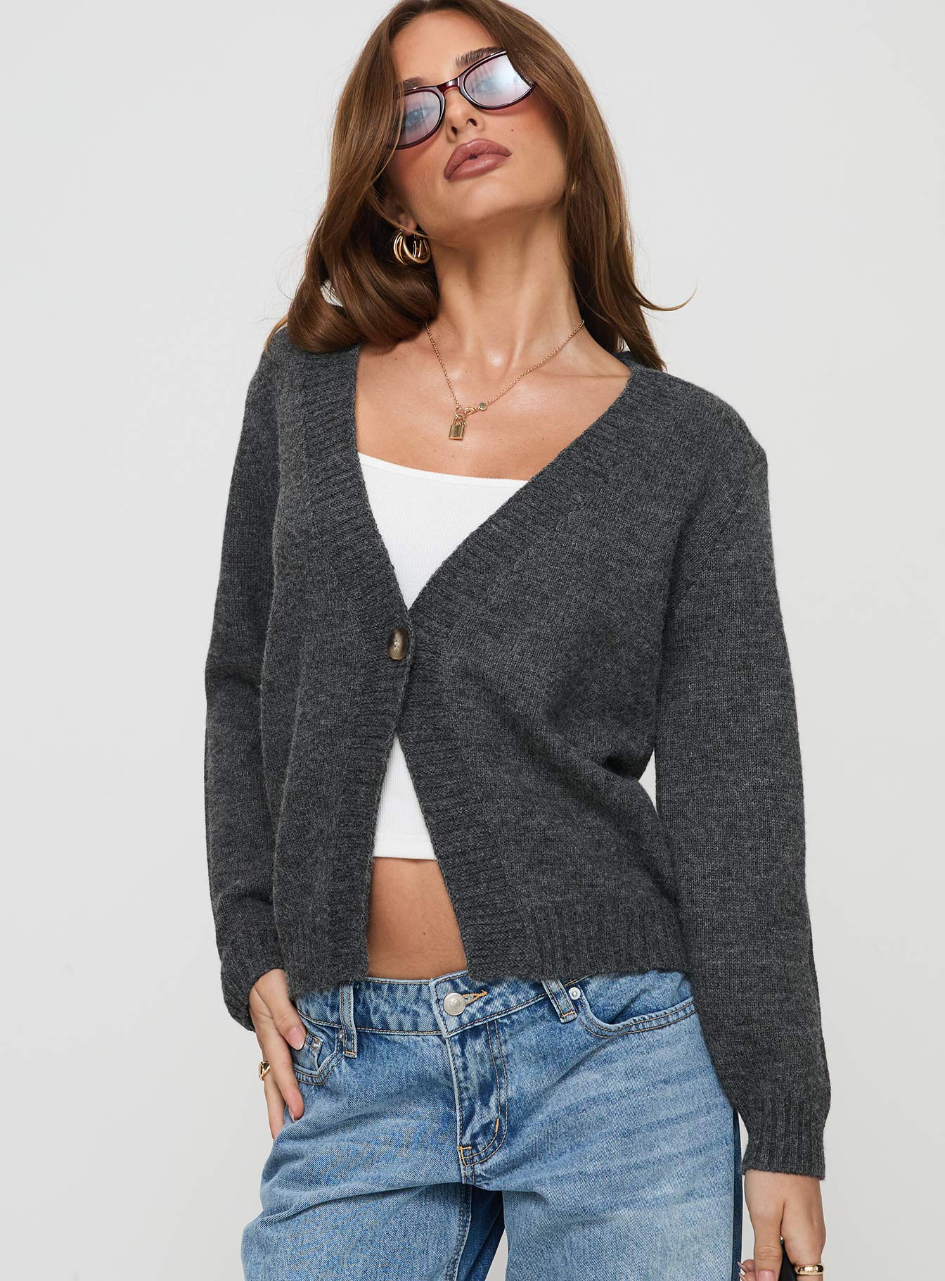front view of model wearing Princess Polly Larkins Cardigan Grey cropped 