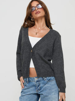 front view of model wearing Princess Polly Larkins Cardigan Grey cropped 