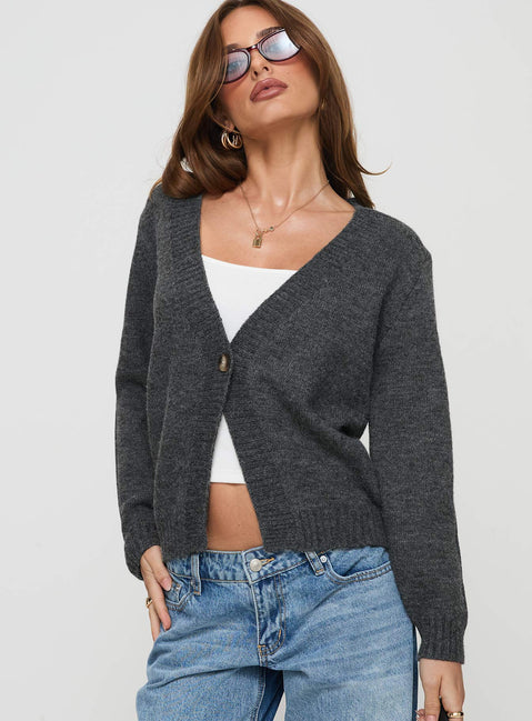 front view of model wearing Princess Polly Larkins Cardigan Grey cropped 