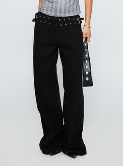 side view of model wearing Princess Polly Baccarat Belted Denim Pant Black Low Rise Jeans 