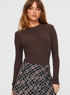 front view of model wearing Princess Polly Maleny Long Sleeve Bodysuit Brown Full Sleeves High Neck 