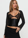 front view of model wearing Princess Polly Bolda Long Sleeve Corset Top Black Full Sleeves Square Neck 