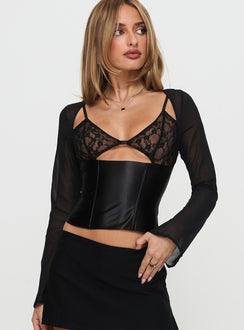 front view of model wearing Princess Polly Bolda Long Sleeve Corset Top Black Full Sleeves Plunger 