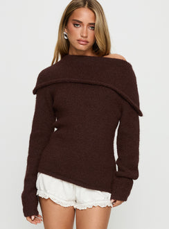 front view of model wearing Princess Polly Kinslea Off Shoulder Knit Sweater Brown regular 
