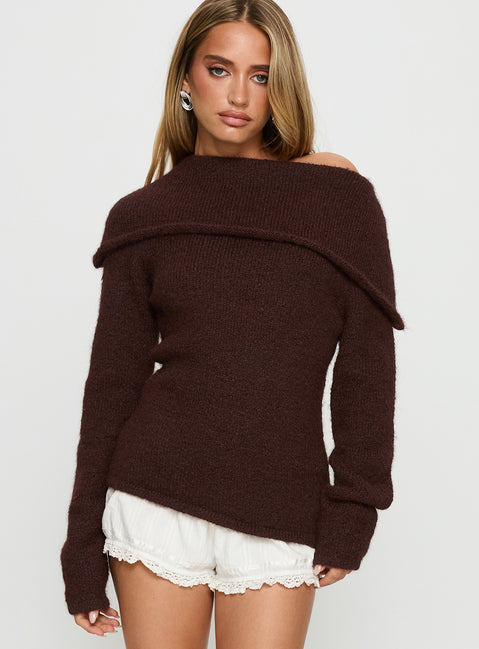 front view of model wearing Princess Polly Kinslea Off Shoulder Knit Sweater Brown regular 