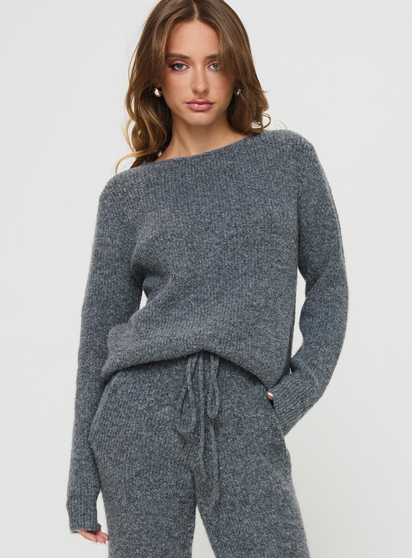 front view of model wearing Princess Polly Abrams Rib Knit Crew Sweater Charcoal Marle 