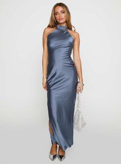 side view of model wearing Princess Polly Mordecai Halter Maxi Dress Blue High Neck 